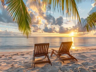 Sunset View from Tropical Beach with Palm Trees and Chairs