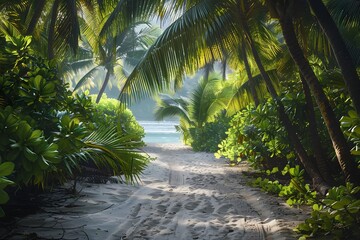 Tropical Paradise Trail Leading to a Sunlit Beach - obrazy, fototapety, plakaty
