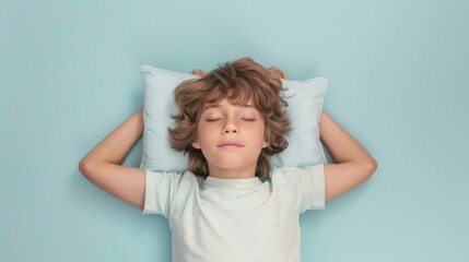 a young man sleeping on pillow isolated on pastel blue colored background. boy sleep deeply...