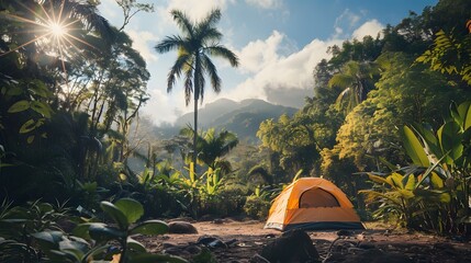 Serene Tropical Camping Experience Amidst Lush Greenery - obrazy, fototapety, plakaty