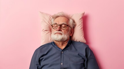 Elderly man sleeping on pillow isolated on pastel pink colored background Sleep deeply peacefully...