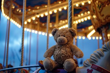 lonely soft toy on carousel at dusk - obrazy, fototapety, plakaty