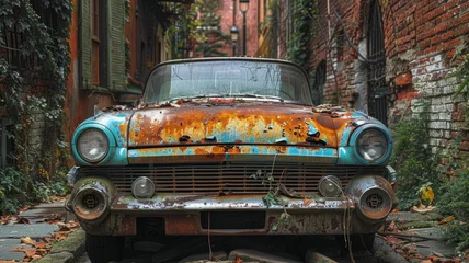 Zelfklevend Fotobehang Abandoned rusty vintage car in an alley. © SashaMagic