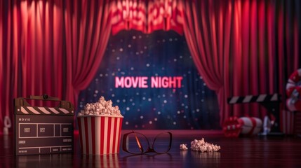 Movie night creative template for movie poster with 3d empty cinema theater stage and dark red curtains