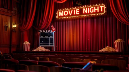Movie night creative template for movie poster with 3d empty cinema theater stage and dark red curtains
