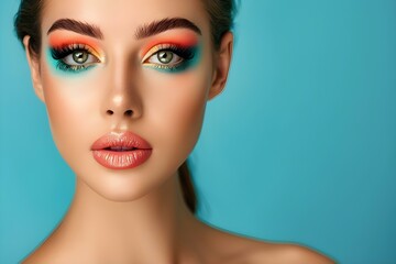Makeup for a woman in colorful colors centered professional photo copy space. Concept Professional makeup, Colorful palette, Woman's portrait, Copy space, Vibrant colors