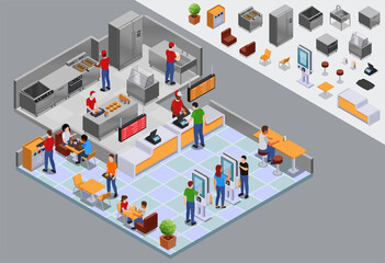 Fast food restaurant illustration and icons in isometric view - 763963087