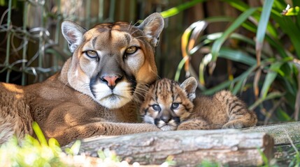 Male puma and cub portrait with object, providing ample empty space on the left for adding text