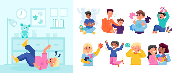 Autism icons and illustration in flat design