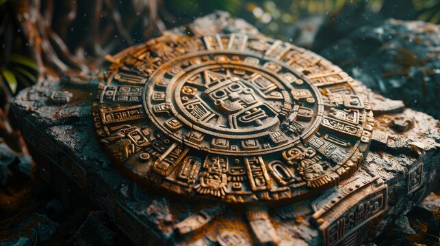 Aztec artifact with alien technology isolated against dark mystical aura intricate designs