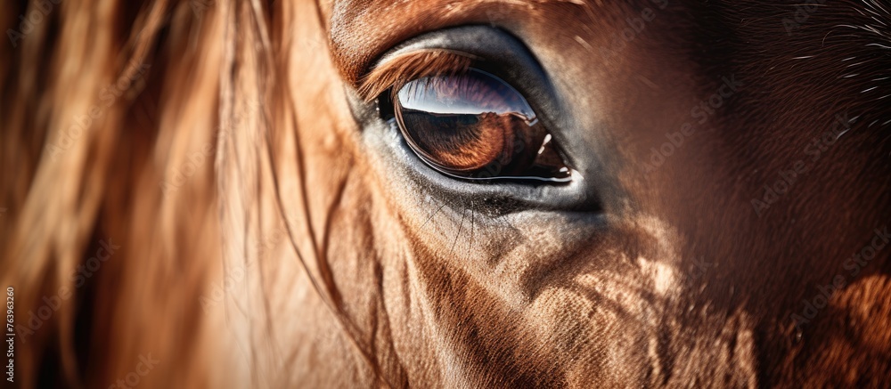 Sticker close up of a brown horses eye showing its eyelash, iris, and glossy surface. the working animals he