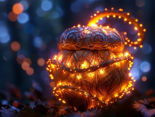 Fototapeta premium Dream and reality merge acorn with glowing tails abstract form night light