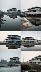 Submerged buildings and streets after a tsunami