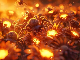 Greed and disruption spiderlings dance in supernova light from imprisonment to promise of renewal evening glow - obrazy, fototapety, plakaty
