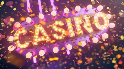 Casino creative template for gambling poster. 3D retro-inspired banner with golden confetti cascading across a rich purple background