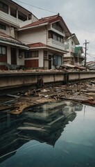 Fototapeta na wymiar Submerged buildings and streets after a tsunami