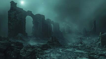Homing through dense smoke scorched ruins crystal objective dive under starlight - obrazy, fototapety, plakaty