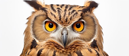 A closeup photograph of an Eastern Screech Owls face, showcasing its mesmerizing eyes, sharp beak, and adaptation to its terrestrial environment, set against a white background