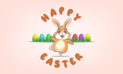 Obraz na płótnie Canvas Vector funny cartoon chubby ginger jumping or dancing cheerful smiling easter bunny. Colored symbolic eggs in green grass. Inscription, Happy Easter. Holiday poster or postcard.