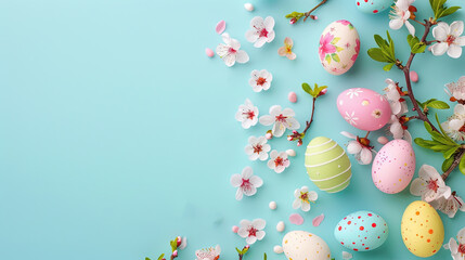 Fototapeta na wymiar Easter Sunday Background. Eggs and flowers on plain background