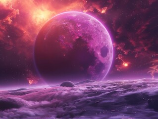 Fototapeta na wymiar A vibrant purple planet hangs motionless in the vast expanse of space, radiating a vivacious wellness beacon.