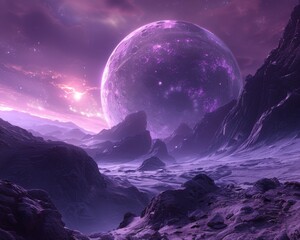 Against the backdrop of static space, a purple planet stands out as a beacon of intense wellness amid chiaroscuro landscapes.