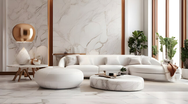 White minimalistic marble tile modern living room design . White sofa against white wall and bookshelf. Modern living place .Modern interior design. Bedroom design.