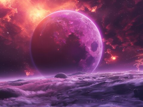 A vibrant purple planet hangs motionless in the vast expanse of space, radiating a vivacious wellness beacon.