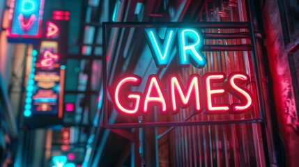 Neon VR GAMES text, set against a dark metal background. Modern 3D banner template design with neon bright lights