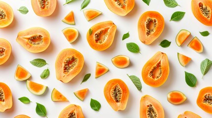 Isolated tropical papaya fruit with leaves on white background for vibrant tropical vibes - obrazy, fototapety, plakaty
