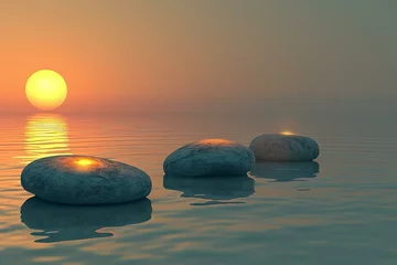 Foto op Plexiglas Sunset over sea with stones in water © Cuong