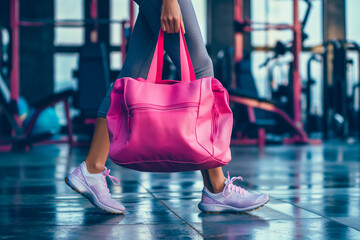 Cropped shot of fit sporty woman in sportswear with pink gym bag wearing toned yoga pants and sneakers getting ready for exercise session at gym. - obrazy, fototapety, plakaty