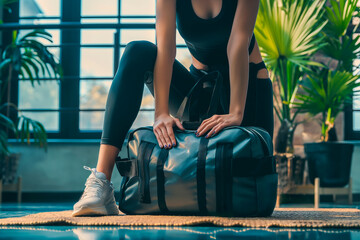 Cropped shot of fit sporty woman in sportswear with gym bag wearing toned yoga pants and sneakers getting ready for exercise session at gym. - obrazy, fototapety, plakaty