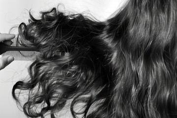 side view of someone combing through thick, wavy hair - obrazy, fototapety, plakaty