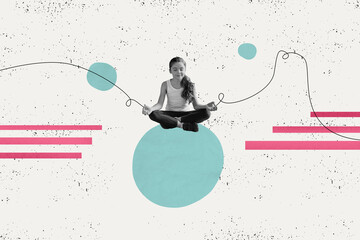 Composite photo collage of little girl sport yoga retreat practice balance sit ball meditation...