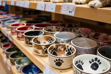 pet bowls with paw print designs in a store