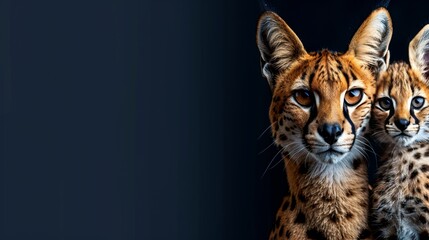Male serval and kitten portrait with text space, object on right side, ideal for versatile designs