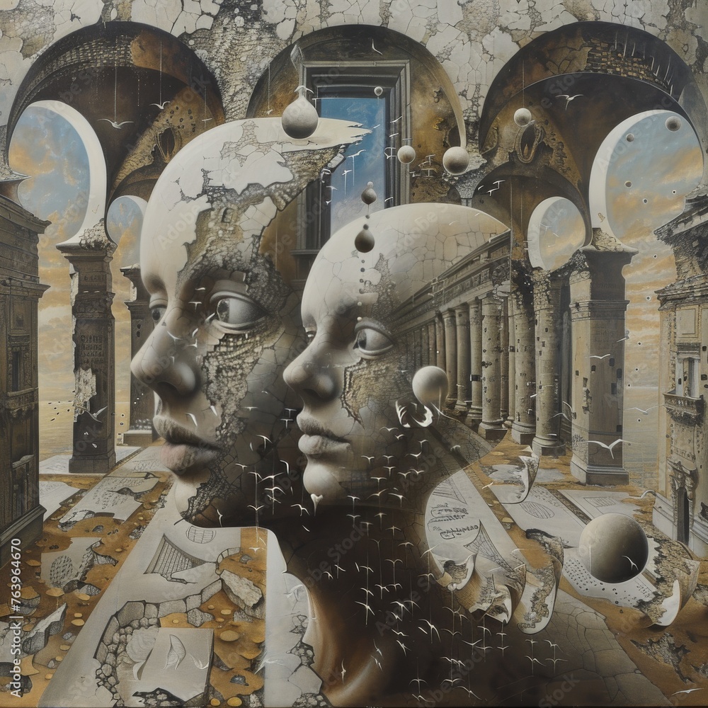 Poster surreal artwork blending disintegrating faces with classical architecture, creating a dreamlike spac