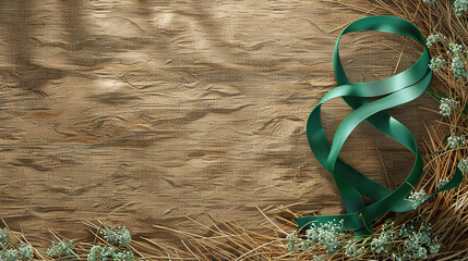 green ribbon logo for Celiac disease awareness month. ribbon sign on jute background, banner, card, poster, template. Vector illustration. - obrazy, fototapety, plakaty