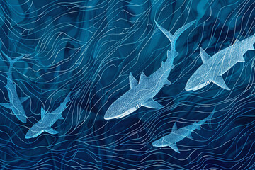 Abstract blue waves with white shark silhouettes - obrazy, fototapety, plakaty