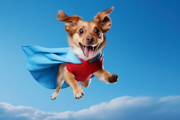 Perro con super poderes volando con capa roja. - obrazy, fototapety, plakaty