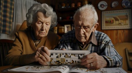 an elderly couple solves a crossword together at home - obrazy, fototapety, plakaty