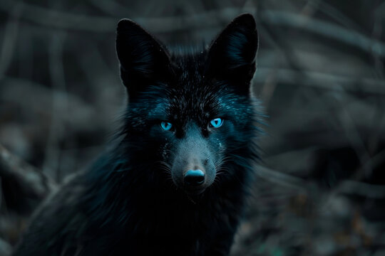 Lobo negro en un oscuro bosque.