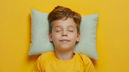 a young man sleeping on pillow isolated on pastel yellow colored background. boy sleep deeply...