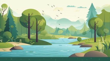 Naklejka premium A stylized illustration of a tranquil river flowing through a verdant landscape with lush trees and distant mountains under a soft sky.