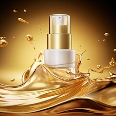 golden perfume bottle on  a golden background. Close-up.