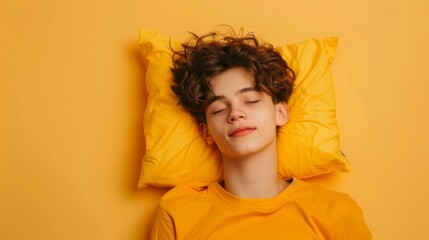 a young man sleeping on pillow isolated on pastel yellow colored background. boy sleep deeply...