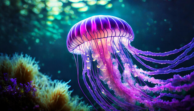 Close-up of a beautiful jellyfish with pink and violet tentacles and fluorescent colors, swimming in the dark water. Generative Ai.