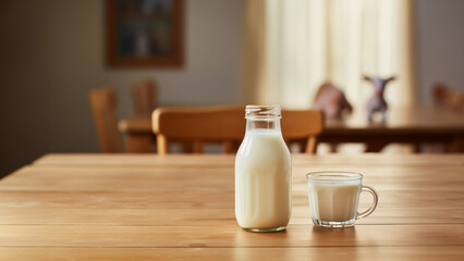 Fototapeta na wymiar A glass of milk and a glass of milk are on a table. The table is in a room with a window