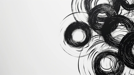 Abstract monochrome background with black paintbrush circles, round strokes on white
